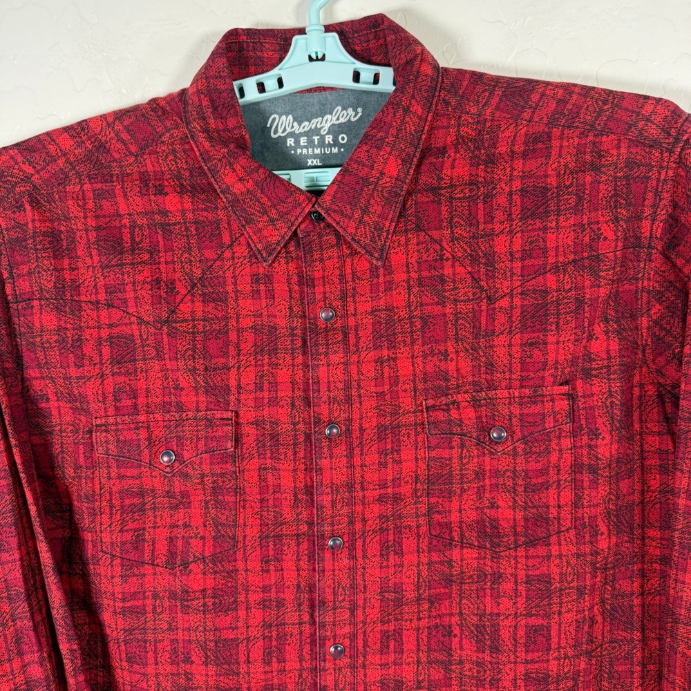 Wrangler Retro Shirt Mens 2XL Red Plaid Western Snap Cowboy Long Sleeve